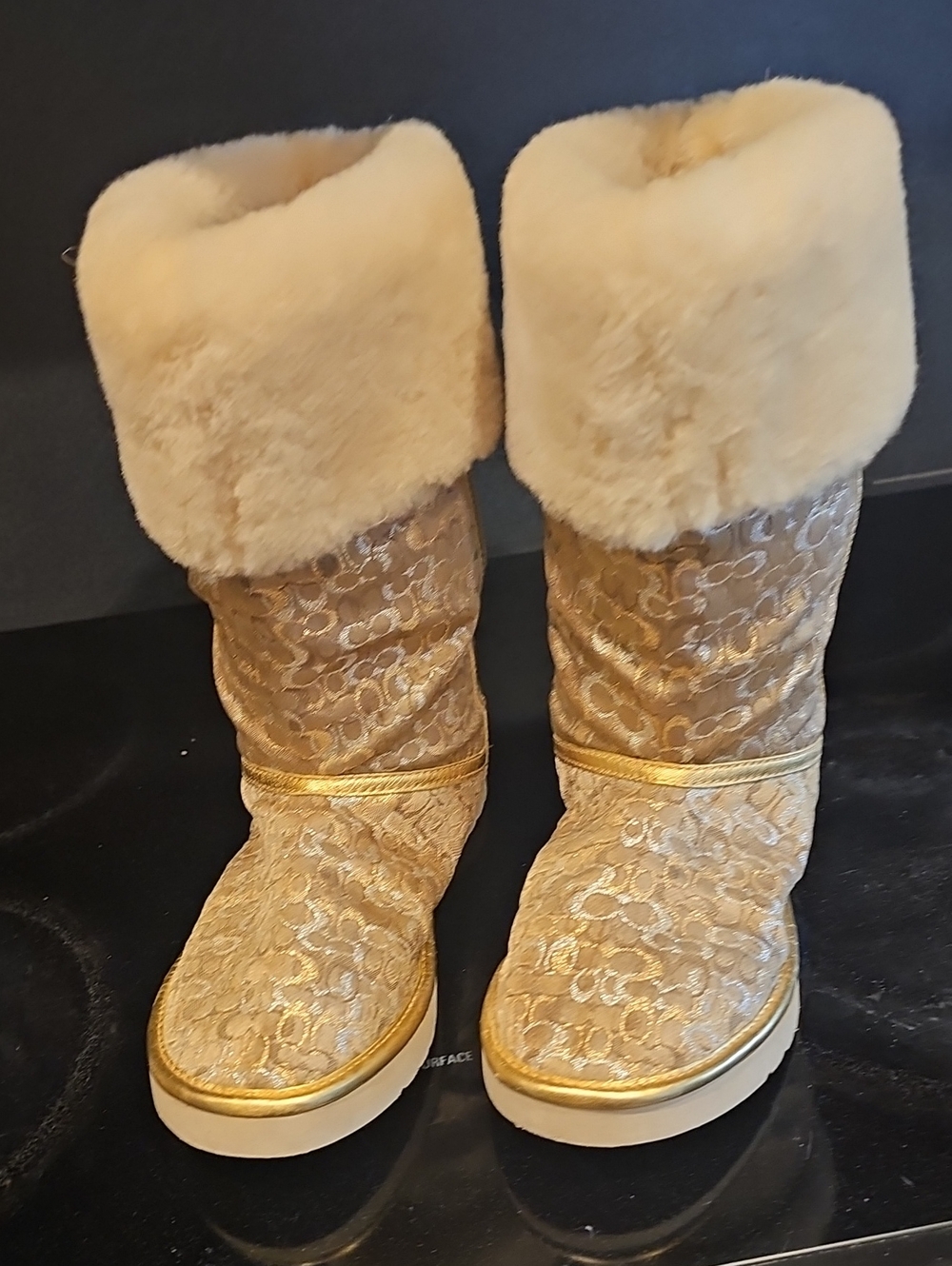 Coach Nichole Gold Metallic Logo Winter Boots with Cream Fur Cuff